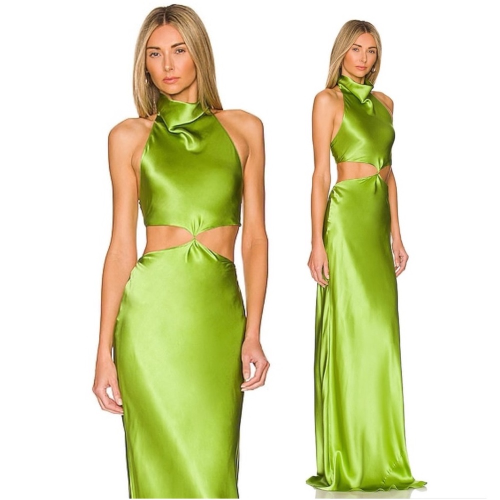Amanda Uprichard x REVOLVE Kaye Cut Out Silk High Neck Maxi Dress in Aloe Green